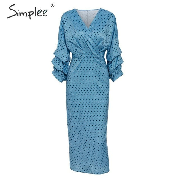 Simplee Sexy v-neck women dress Elegant polka dot print lantern sleeve female party dress Autumn slim ladies vintage midi dress
