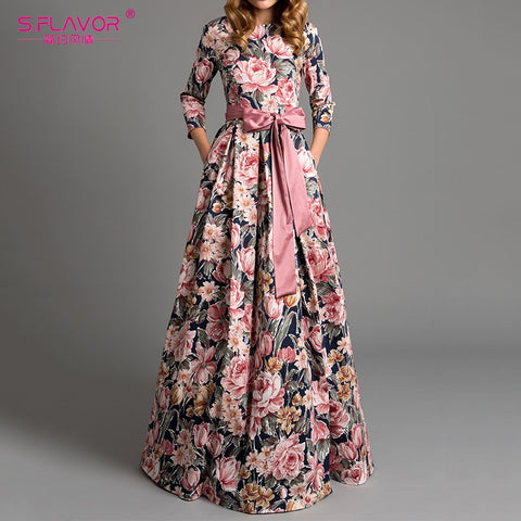 S.FLAVOR Bohemian printing long dress O-neck 3/4 sleeve big hem women Autumn Winter dress elegant casual vestidos de