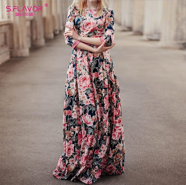 S.FLAVOR Bohemian printing long dress O-neck 3/4 sleeve big hem women Autumn Winter dress elegant casual vestidos de