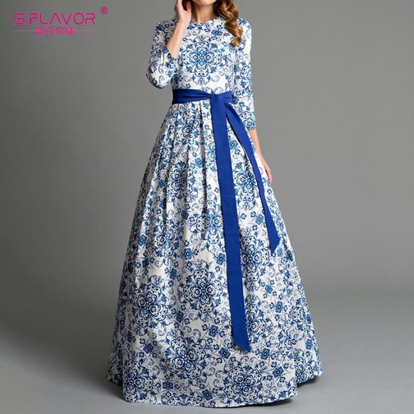 S.FLAVOR Bohemian printing long dress O-neck 3/4 sleeve big hem women Autumn Winter dress elegant casual vestidos de