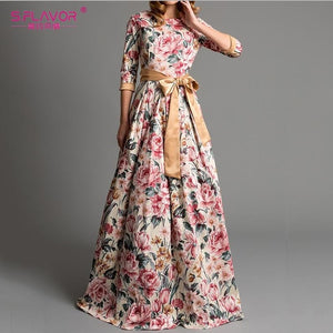 S.FLAVOR Bohemian printing long dress O-neck 3/4 sleeve big hem women Autumn Winter dress elegant casual vestidos de