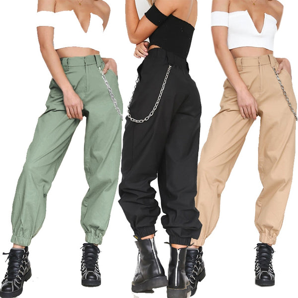 lITTHING 2019 Fashion Women High Waist Hip-Pop Combat Cargo Harem Pants Leggings Trouser Solid Long Daily Casual Pants No Chain