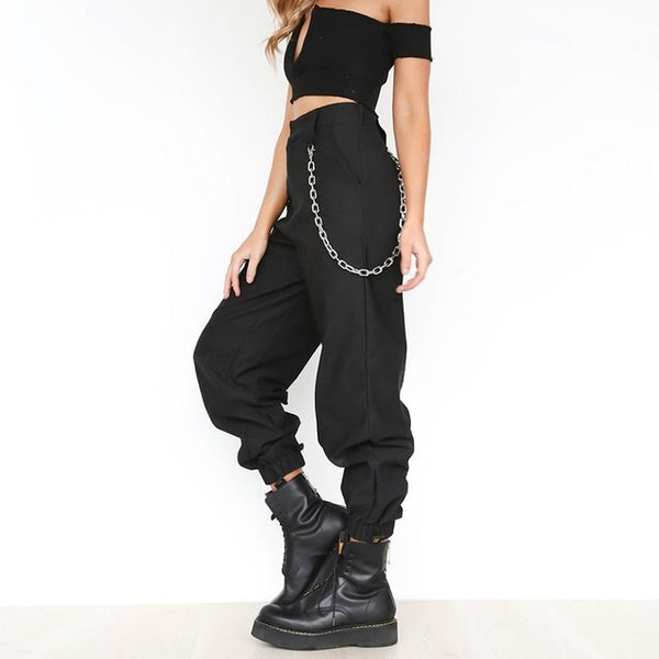 lITTHING 2019 Fashion Women High Waist Hip-Pop Combat Cargo Harem Pants Leggings Trouser Solid Long Daily Casual Pants No Chain