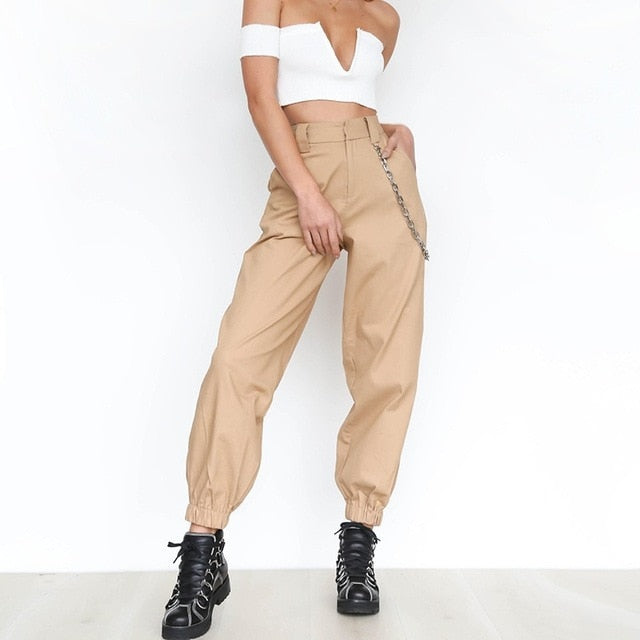 lITTHING 2019 Fashion Women High Waist Hip-Pop Combat Cargo Harem Pants Leggings Trouser Solid Long Daily Casual Pants No Chain