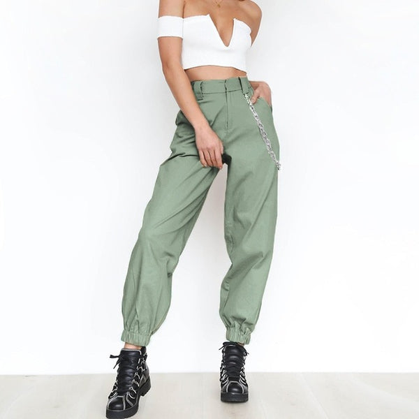 lITTHING 2019 Fashion Women High Waist Hip-Pop Combat Cargo Harem Pants Leggings Trouser Solid Long Daily Casual Pants No Chain