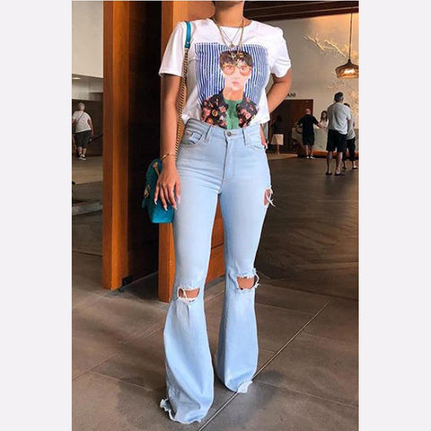 2019 High Waist Female Denim Bell Bottom Ripped Jeans For Women Wide Leg Pants Fat Mom Jeans Flare Skinny Jeans Woman Large Size