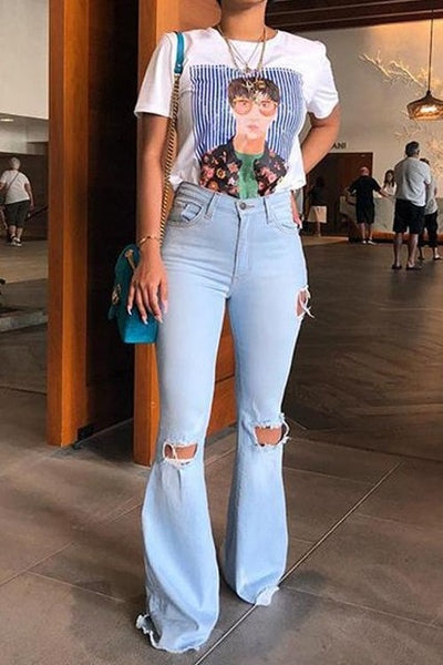 2019 High Waist Female Denim Bell Bottom Ripped Jeans For Women Wide Leg Pants Fat Mom Jeans Flare Skinny Jeans Woman Large Size