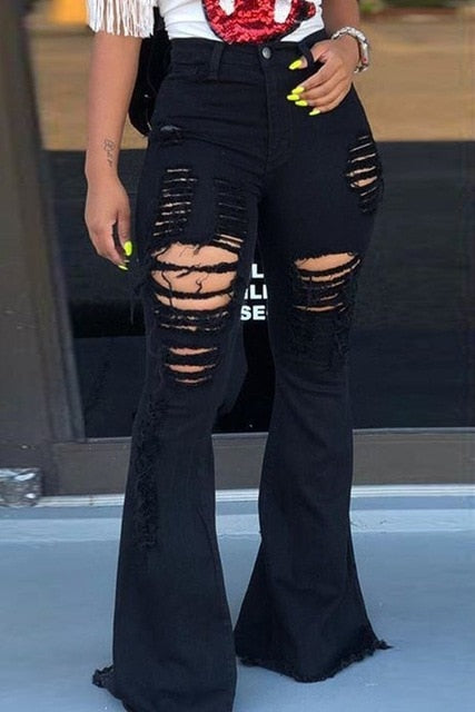 2019 High Waist Female Denim Bell Bottom Ripped Jeans For Women Wide Leg Pants Fat Mom Jeans Flare Skinny Jeans Woman Large Size