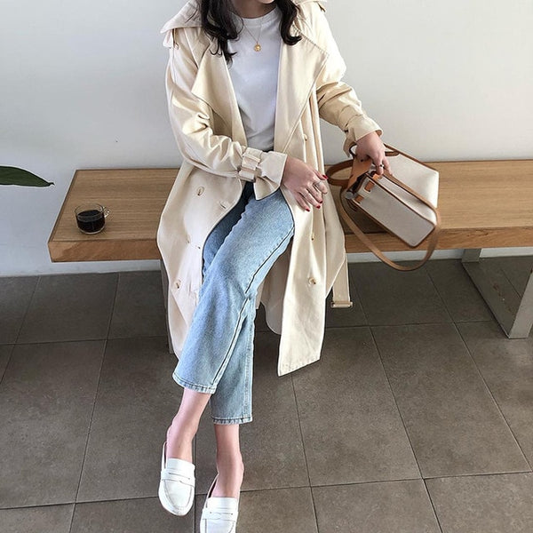 2019 Fall Trench Coat for women Doble Breasted Long Coat korean style women Windbreaker Lapel Jacket