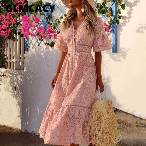 Women Elegant Embroidered Lace Dress Pink Buttons High Waist Female Dress Floral Hollow Out Slim Party Vestidos