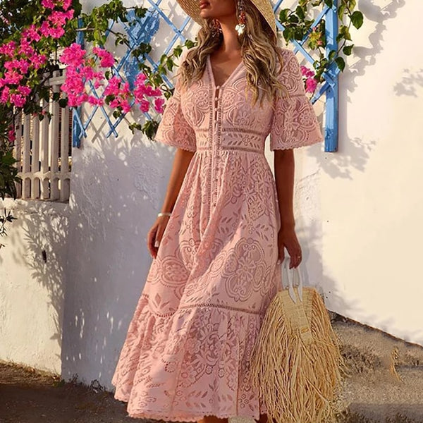 Women Elegant Embroidered Lace Dress Pink Buttons High Waist Female Dress Floral Hollow Out Slim Party Vestidos