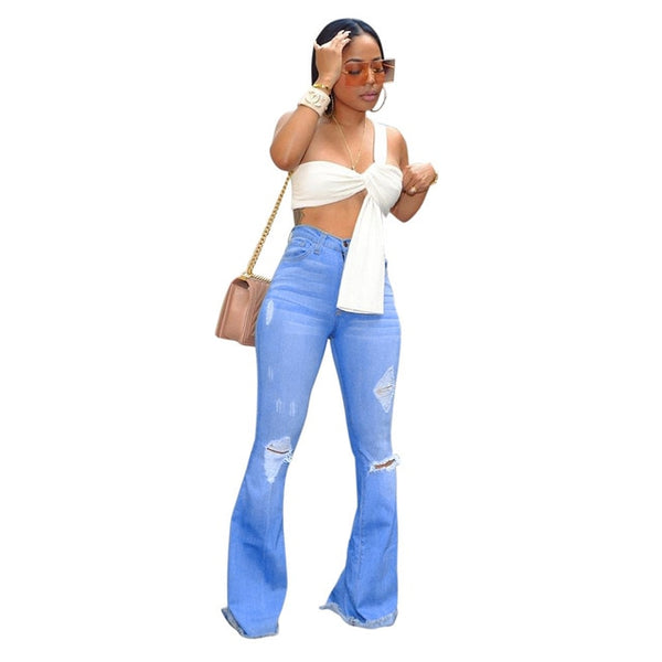 2019 High Waist Female Denim Bell Bottom Ripped Jeans For Women Wide Leg Pants Fat Mom Jeans Flare Skinny Jeans Woman Large Size