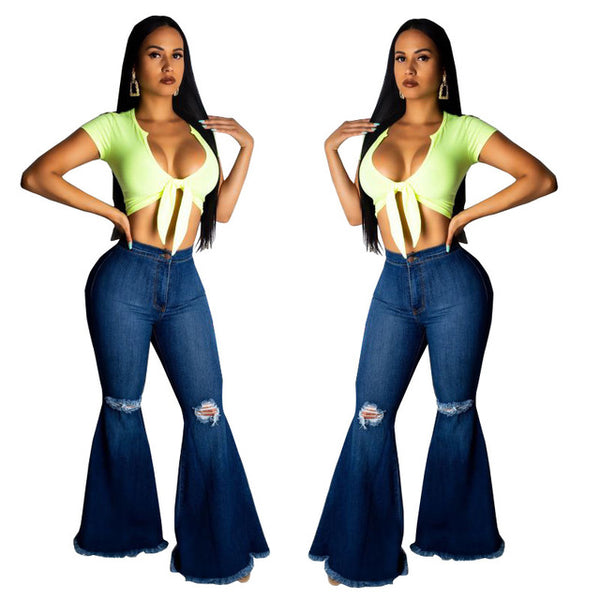 2019 High Waist Female Denim Bell Bottom Ripped Jeans For Women Wide Leg Pants Fat Mom Jeans Flare Skinny Jeans Woman Large Size