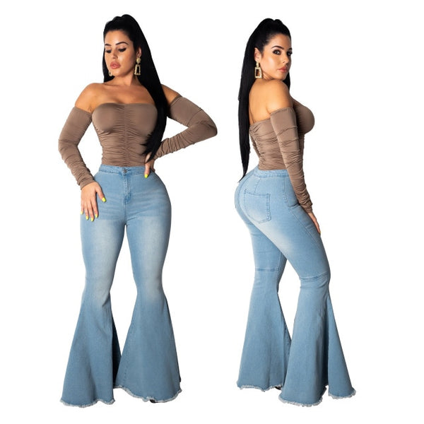 2019 High Waist Female Denim Bell Bottom Ripped Jeans For Women Wide Leg Pants Fat Mom Jeans Flare Skinny Jeans Woman Large Size