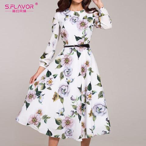 S.FLAVOR Women Casual Dress Wrist Sleeve Autumn Winter Print Party Vestidos Ladies Elegant Vintage A Line Dresses No Belt