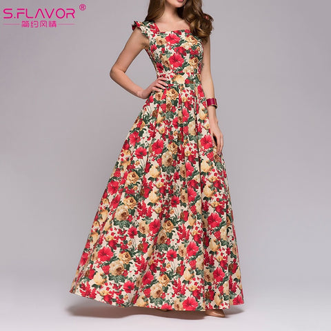 S.FLAVOR Women printing party dress Popular sleeveless square collar long vestidos De Festa Women Elegant Maxi Dresses