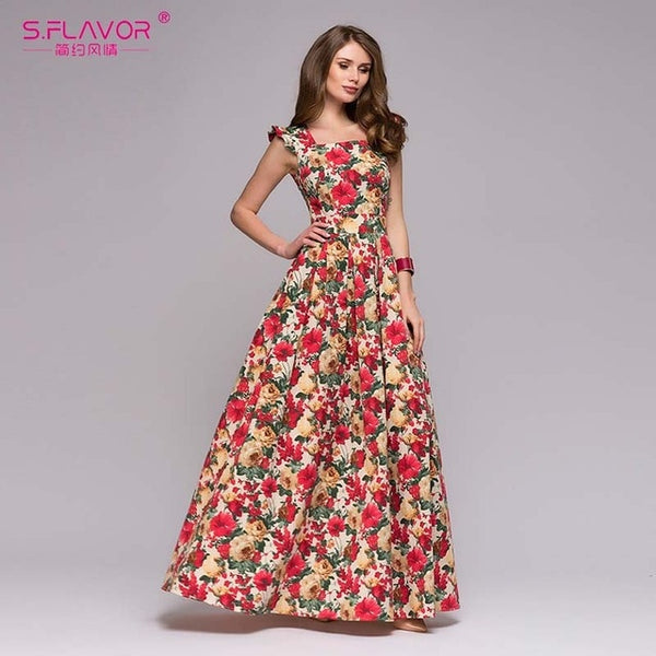 S.FLAVOR Women printing party dress Popular sleeveless square collar long vestidos De Festa Women Elegant Maxi Dresses
