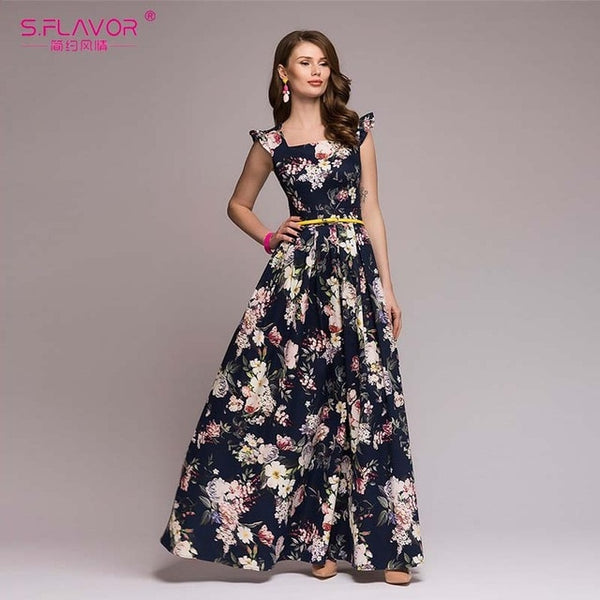 S.FLAVOR Women printing party dress Popular sleeveless square collar long vestidos De Festa Women Elegant Maxi Dresses