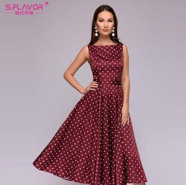 S.FLAVOR Women Retro Sleeveless Polka Dot Print Dress O Neck Vintage Dresses Knee Length Party vestidos de festa