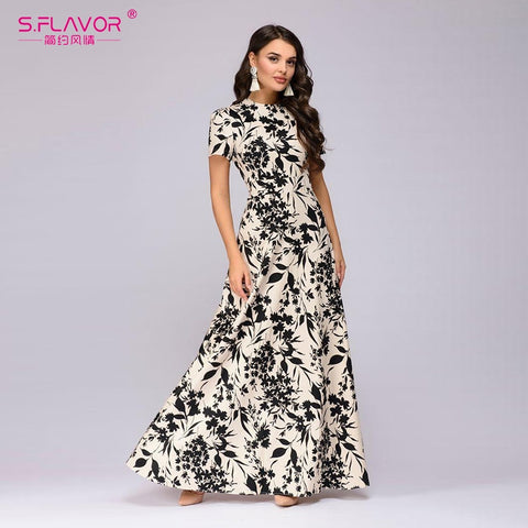 S.FLAVOR Women Long Dress Short Sleeve Floral Print Boho Dress Elegant Party Dress Slim Maxi  vestido de festa