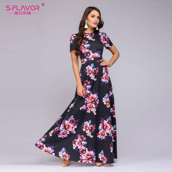 S.FLAVOR Women Long Dress Short Sleeve Floral Print Boho Dress Elegant Party Dress Slim Maxi  vestido de festa