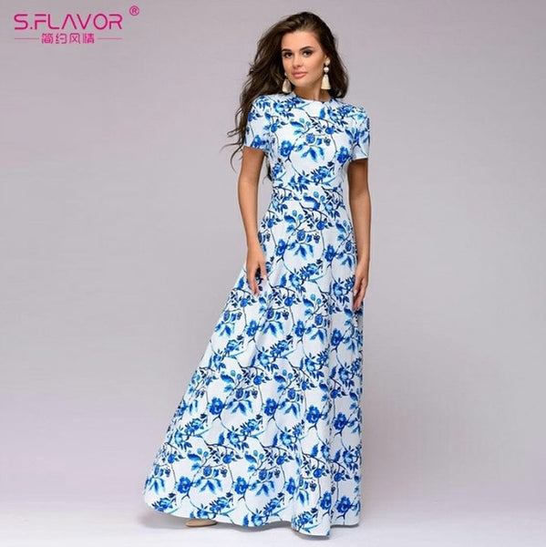 S.FLAVOR Women Long Dress Short Sleeve Floral Print Boho Dress Elegant Party Dress Slim Maxi  vestido de festa