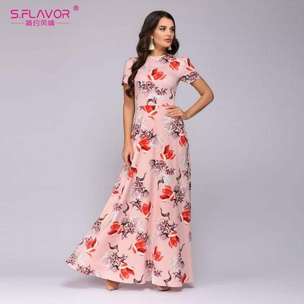 S.FLAVOR Women Long Dress Short Sleeve Floral Print Boho Dress Elegant Party Dress Slim Maxi  vestido de festa