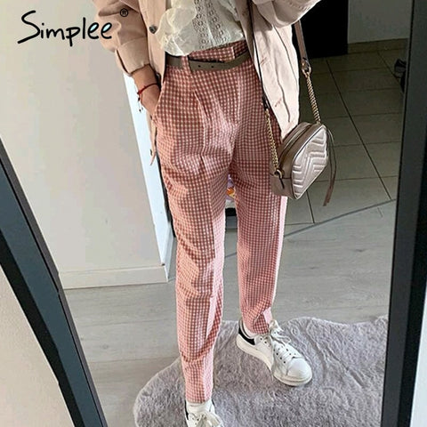 Simplee Pink plaid casual pants women 2019 Summer vintage work pants capris female Straight office ladies British style trousers